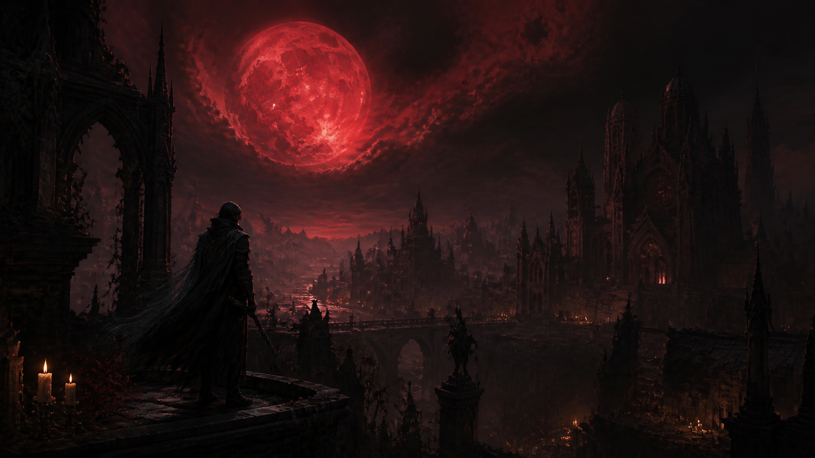 Original fan-made illustration of a crimson moon over a gothic city